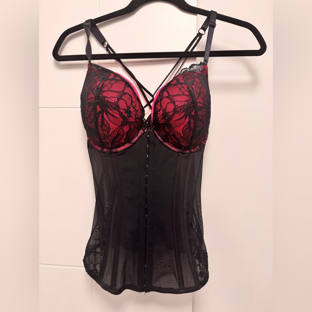 La SENZA Black Lace Bustier with Red Underlay